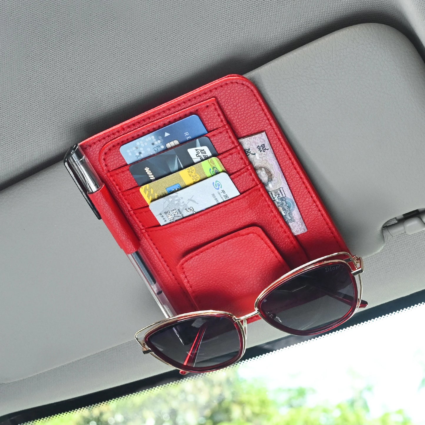 Organizador de visera para coche, bolsa multi-bolsillo, tarjetero, gafas, soporte de almacenamiento, resistente a los arañazos, soporte de visera automático para interior de coche