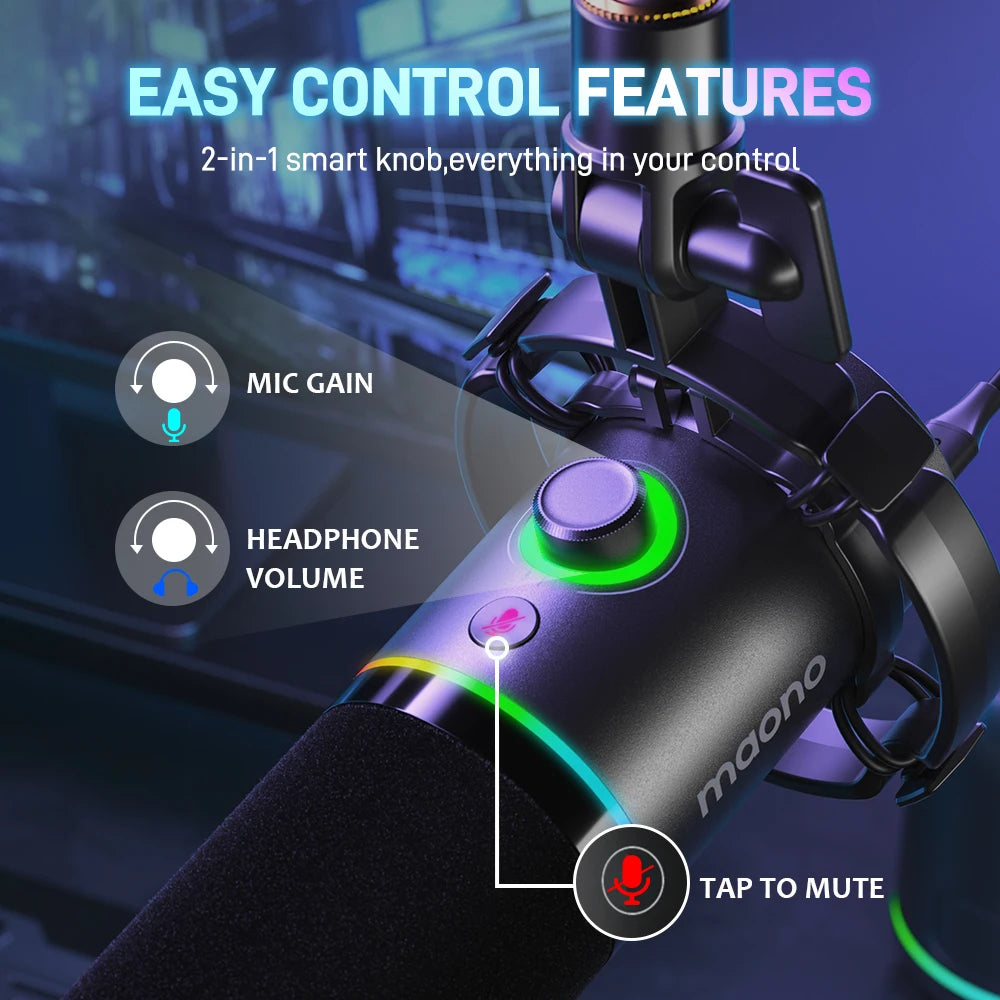 MAONO PD200X – Microphone dynamique XLR/USB avec bouton de gain et Tap-to-Mute pour gaming et streaming