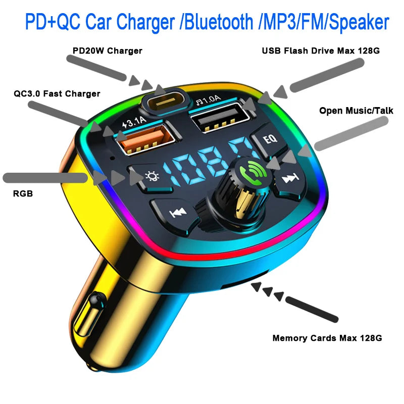 Bluetooth 5.0 FM Transmitter for Car, Wireless Adapter, Microphone, Audio Receiver, Automatic MP3 Player, Dual 2.1A USB Quick Charger, Car Accessories
