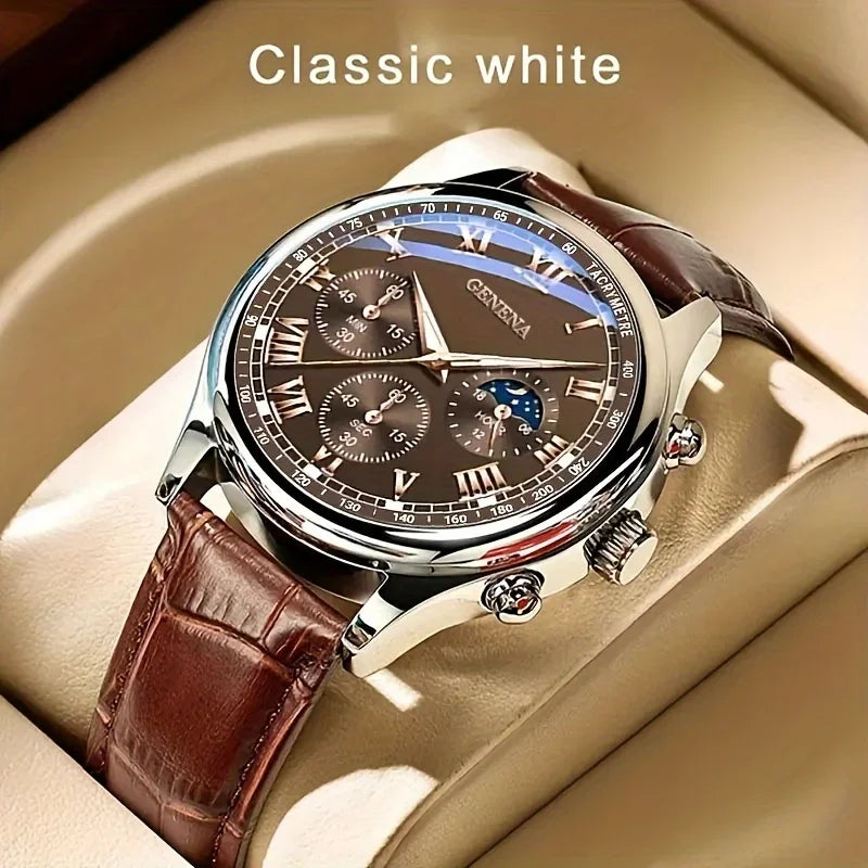 Relojes de negocios de lujo para hombre, correa de cuero, esfera redonda, analógico, de cuarzo, Reloj Hombre (sin caja)