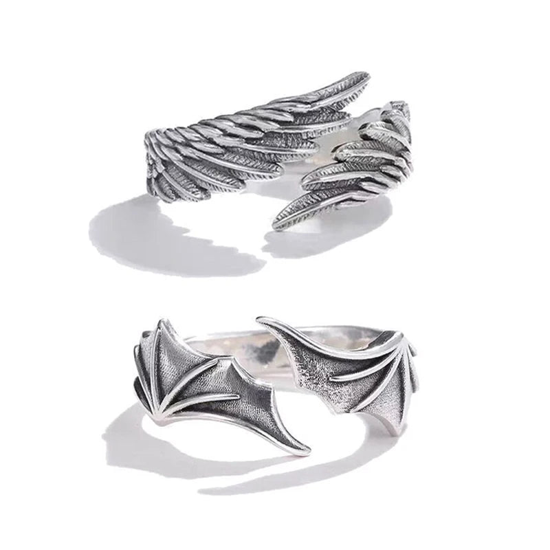 2Pcs Vintage Rings for Men Women Bat Wing Demon Eye Hip Hop Adjustable Retro Silver Color Daily Party Jewelry