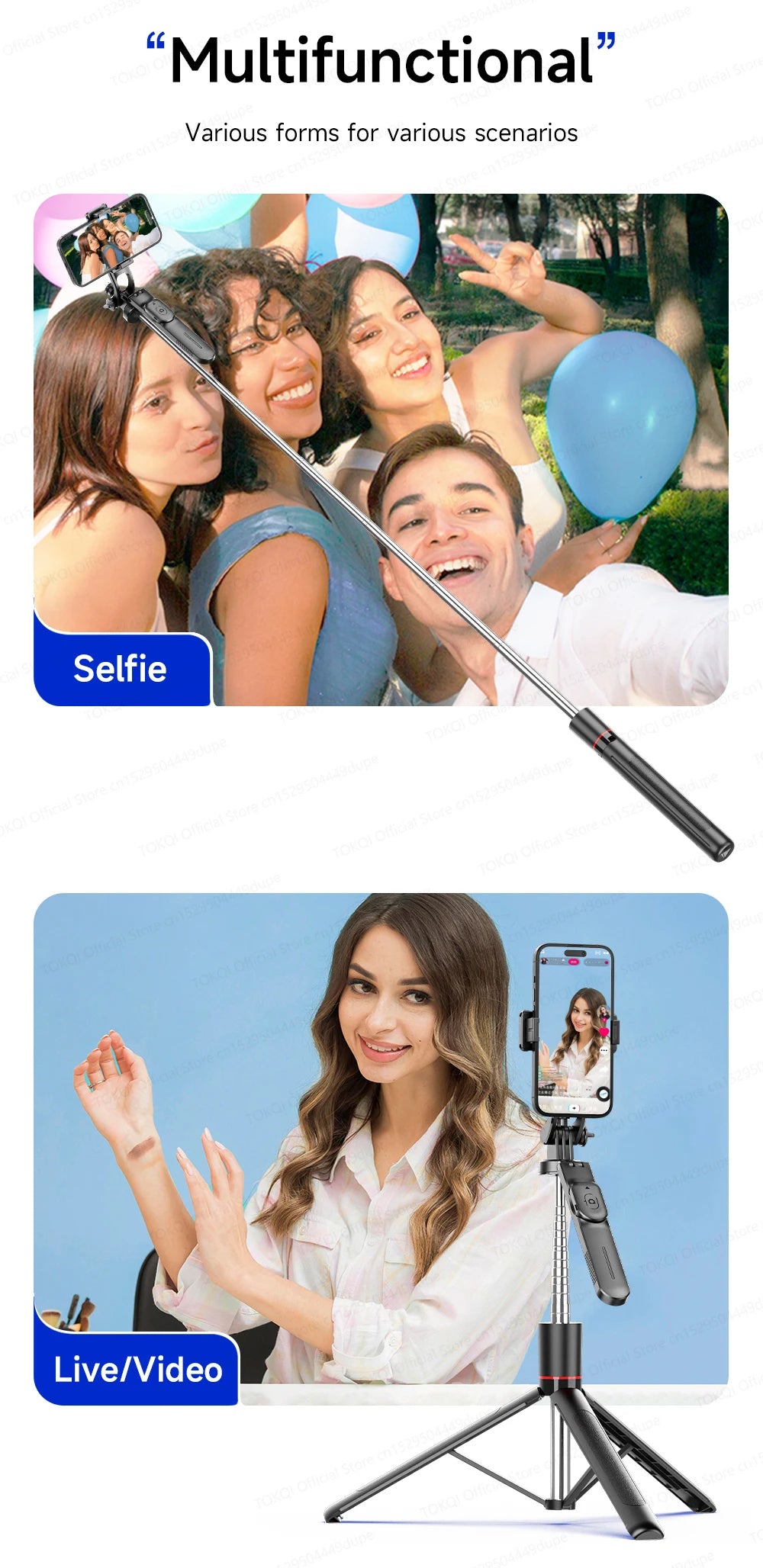 TOKQI — Bâton Selfie Extensible 360° Télécommande Bluetooth & Lumière Optionnelle