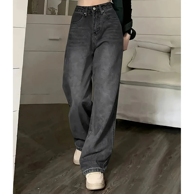 Women's high-waisted jeans, streetwear, designer, wide leg, classic grey, gothic, straight pants, fashion