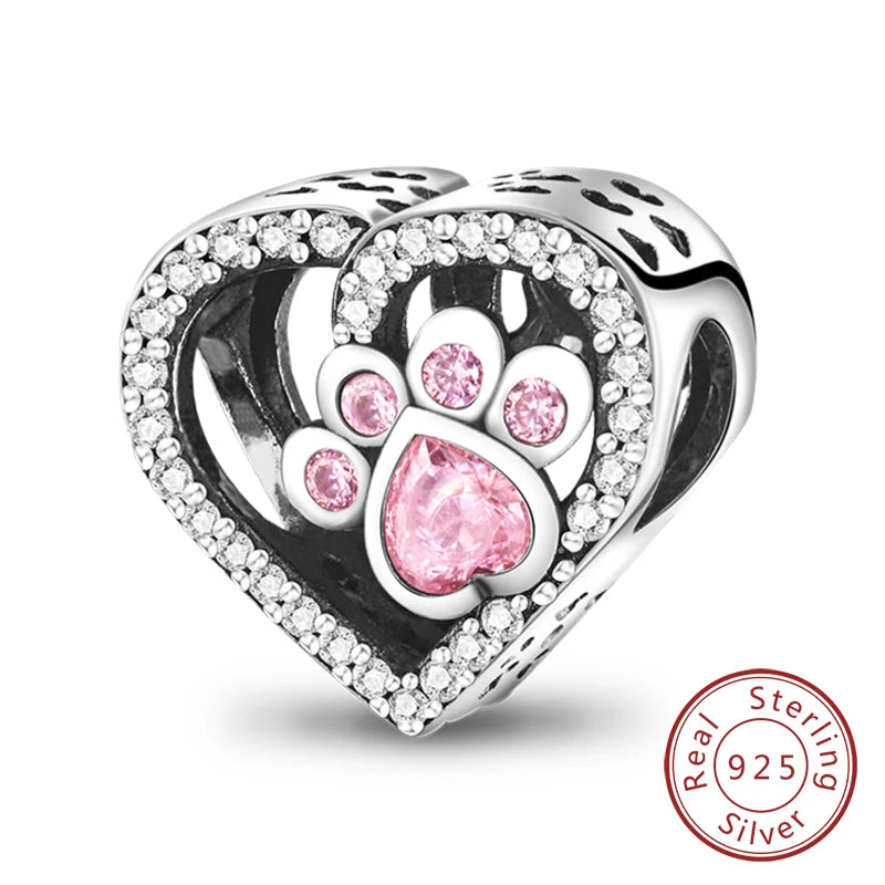 Abalorios de plata de ley 925 con huellas de perro, gato, corazón, animales, abalorios que se ajustan a pulseras, collares, colgantes, joyas para mujer, para hacer tú mismo