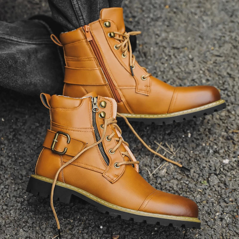 Bottines Moto Homme Cuir Double Zip Style Retro — Grande Taille EU 38–48