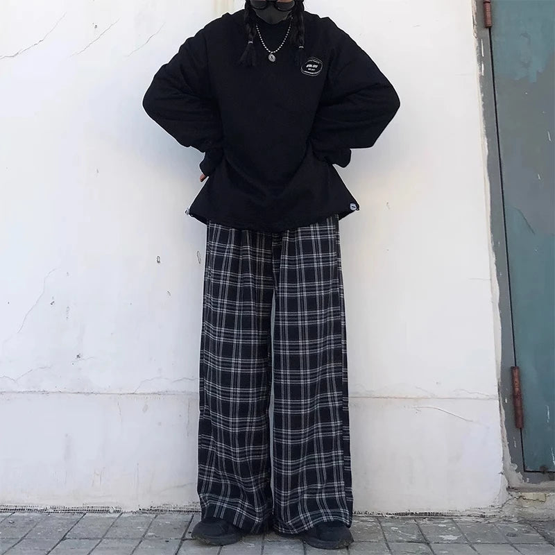 Pantalones oversize de mujer, de chándal, de moda de verano, a cuadros negros, casuales, de cintura elástica, con bolsillos casuales, para estudiantes, unisex