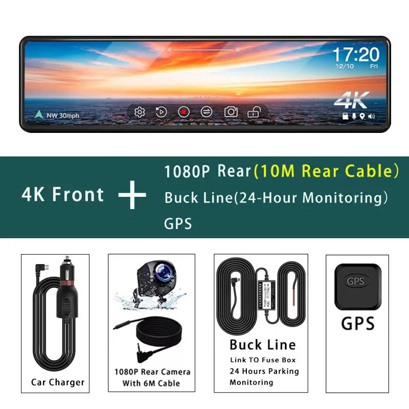 11.26 "UHD 4K 2160P coche Dvr GPS WIFI espejo Dash Cam doble lente Dashcam IPS pantalla cámara reproductor grabador flujo espejo retrovisor