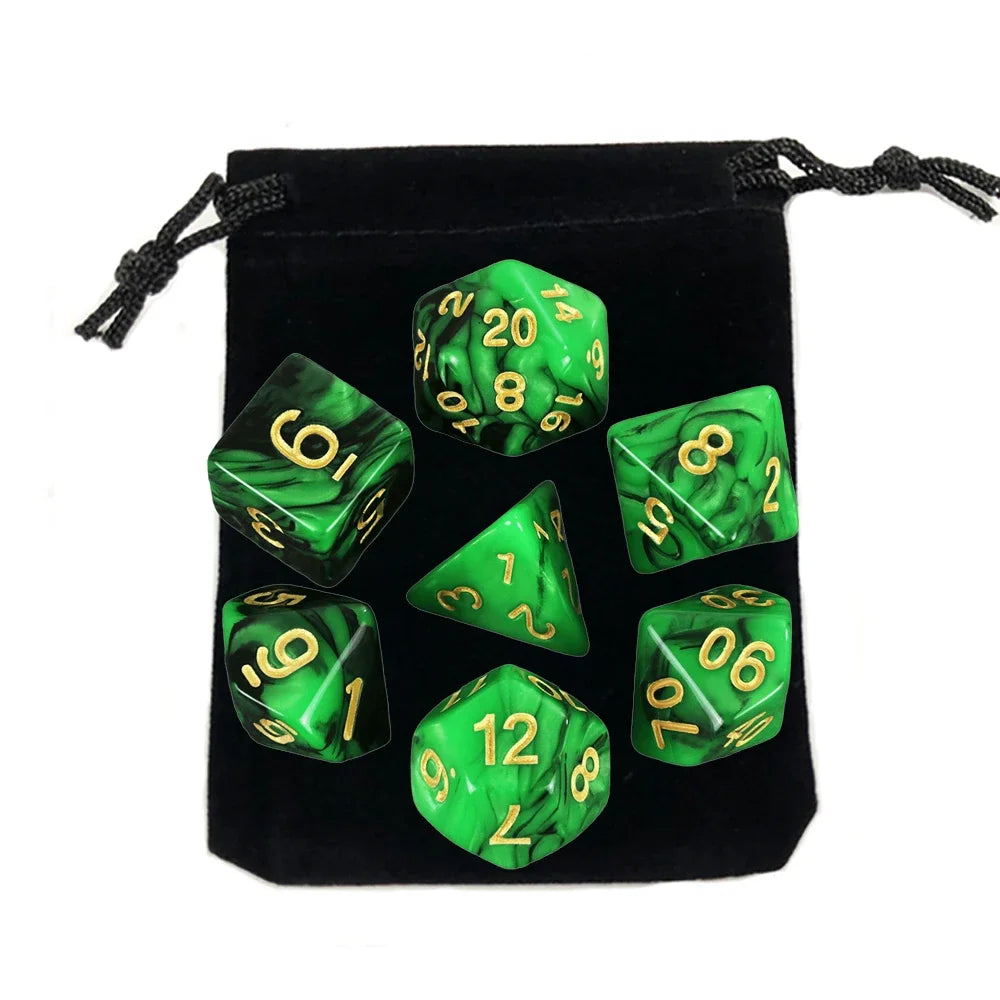 Dados poliédricos con bolsa, juego de mesa, desayunos, DnD, d4,d6,d8,d10,d %,d12,d20, 7 piezas