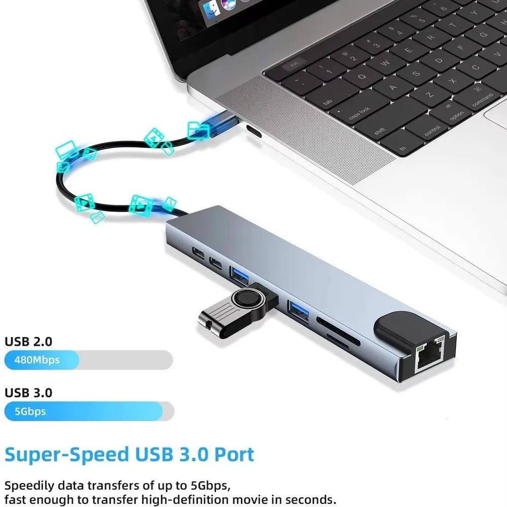 Concentrador USB 3.0 tipo C Estación de acoplamiento USB C a HDMI 4K 30HZ tipo C a RJ45 100Mbps Adaptador Ethernet Extensor VGA Auriculares PD 100W