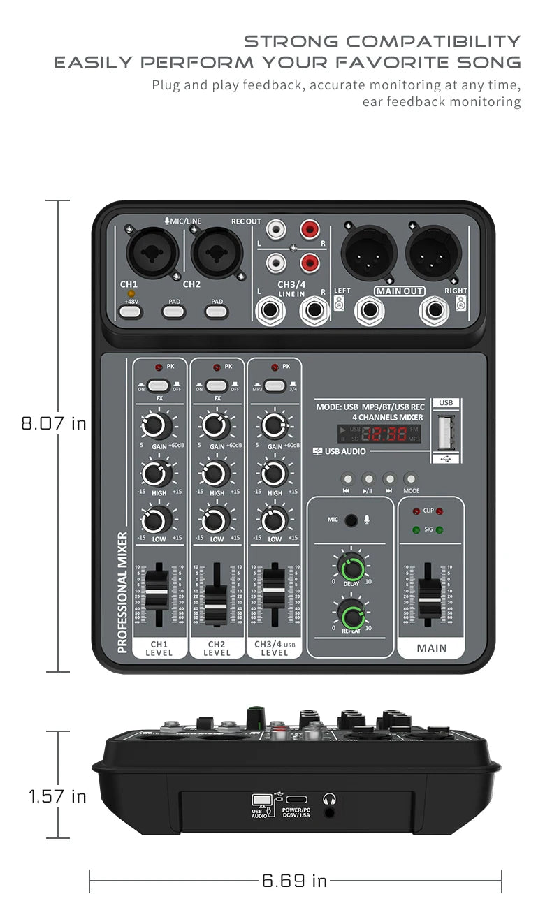 Mélangeur Audio DJ 4 Canaux USB Bluetooth — Console Mixage 48V Karaoké & Studio
