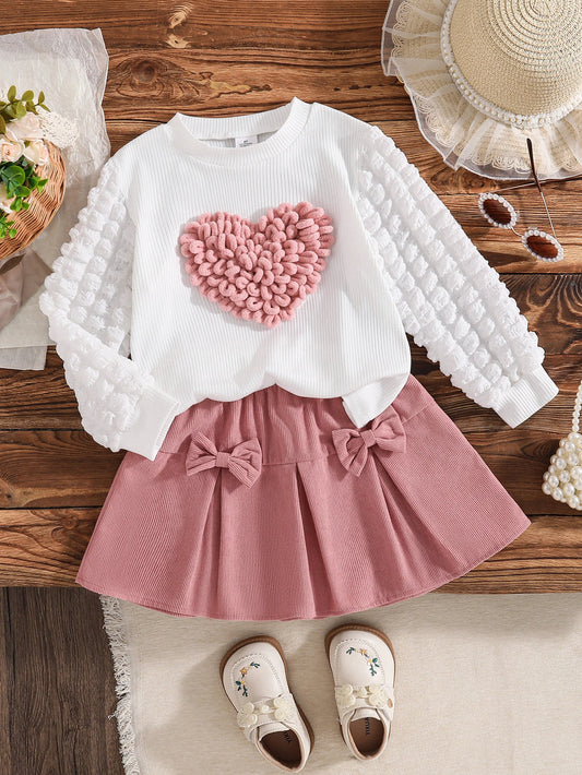 Ensemble 2 pièces pour filles — haut manches lanternes col rond motif cœur, jupe rose à nœud, printemps automne