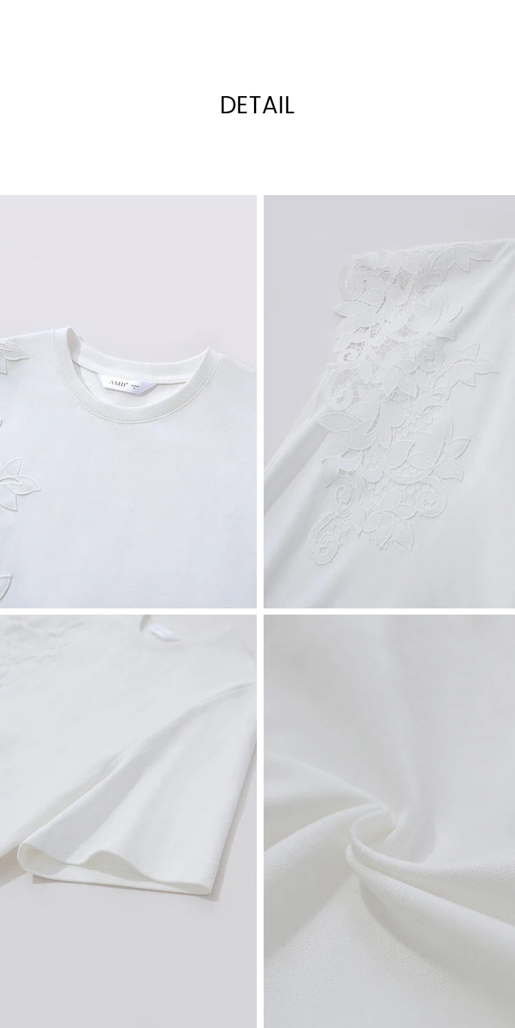 T-shirt femme 2026 été — col rond, coton, anti-transpiration, dentelle asymétrique, ample, manches courtes