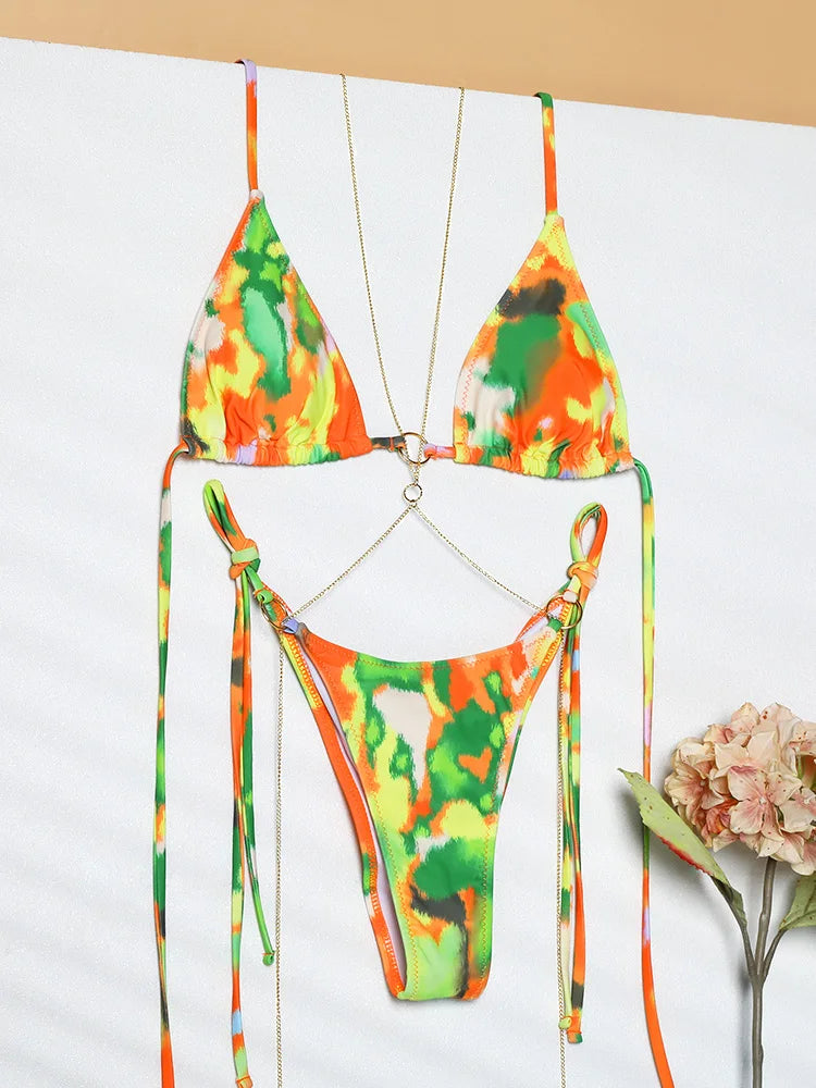 Sexy Triangle chaînes Bikini ensembles Micro tongs maillot de bain femmes maillot de bain Biquini pansements de plage maillot de bain imprimé string Bikini