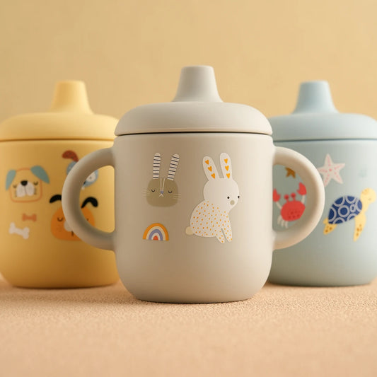 Tasse d'alimentation en Silicone pour bébé, 1 pièce, dessin animé, sans BPA, anti-fuite, tasse d'entraînement avec poignée, pour voyage, lavable au lave-vaisselle, articles pour bébé