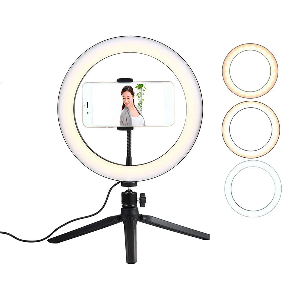 Anneau Lumineux LED Selfie 26cm 120 Perles avec Trépied — Kit Éclairage USB Vidéo