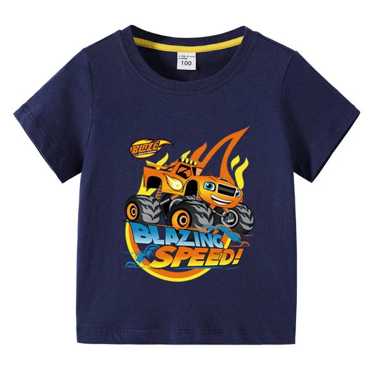 T-shirt à manches courtes en coton pour enfants — impression dessin animé camion monstre