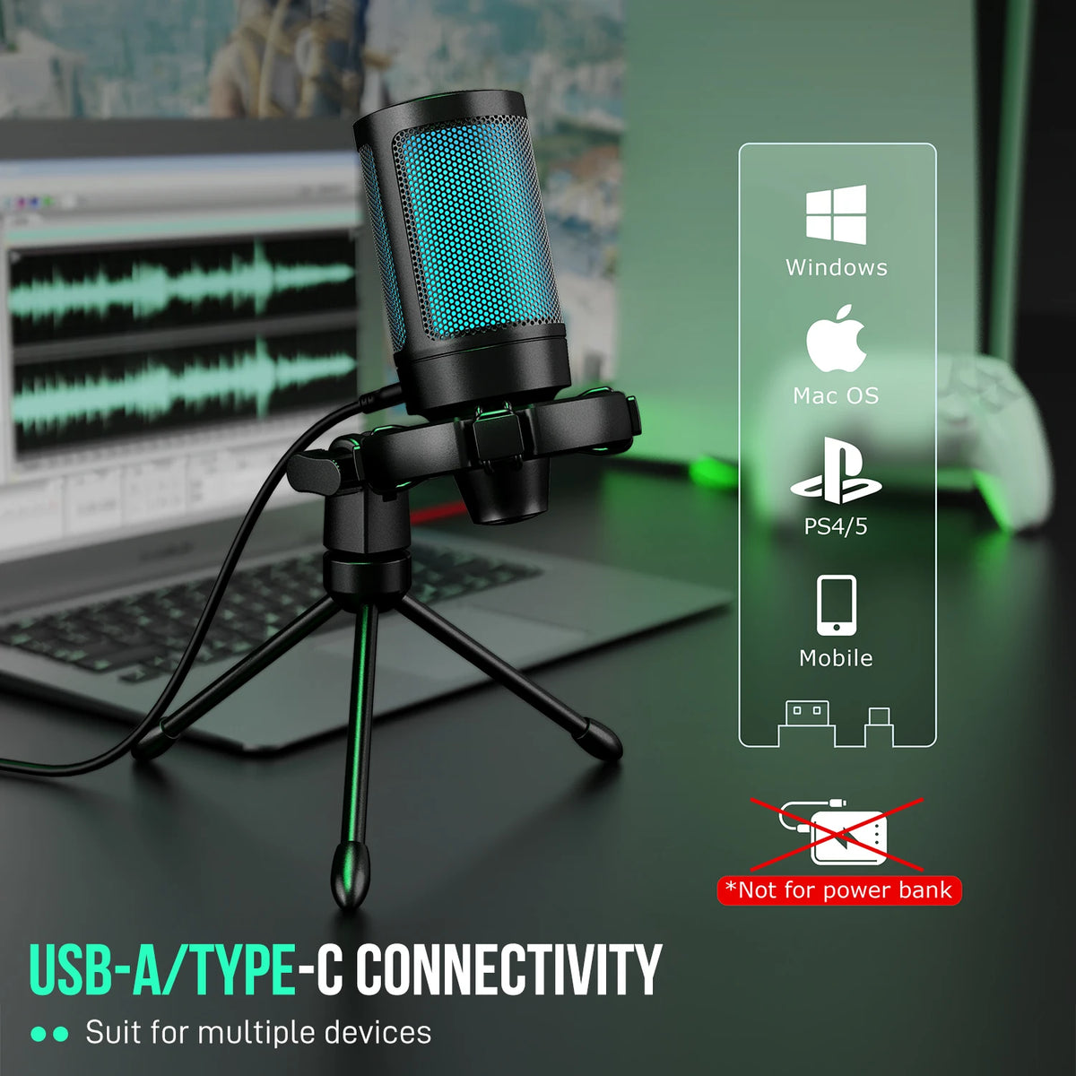 FIFINE AmpliGame A2 — Microphone USB Gaming RGB Sourdine Tactile Trépied PC & PS4/5