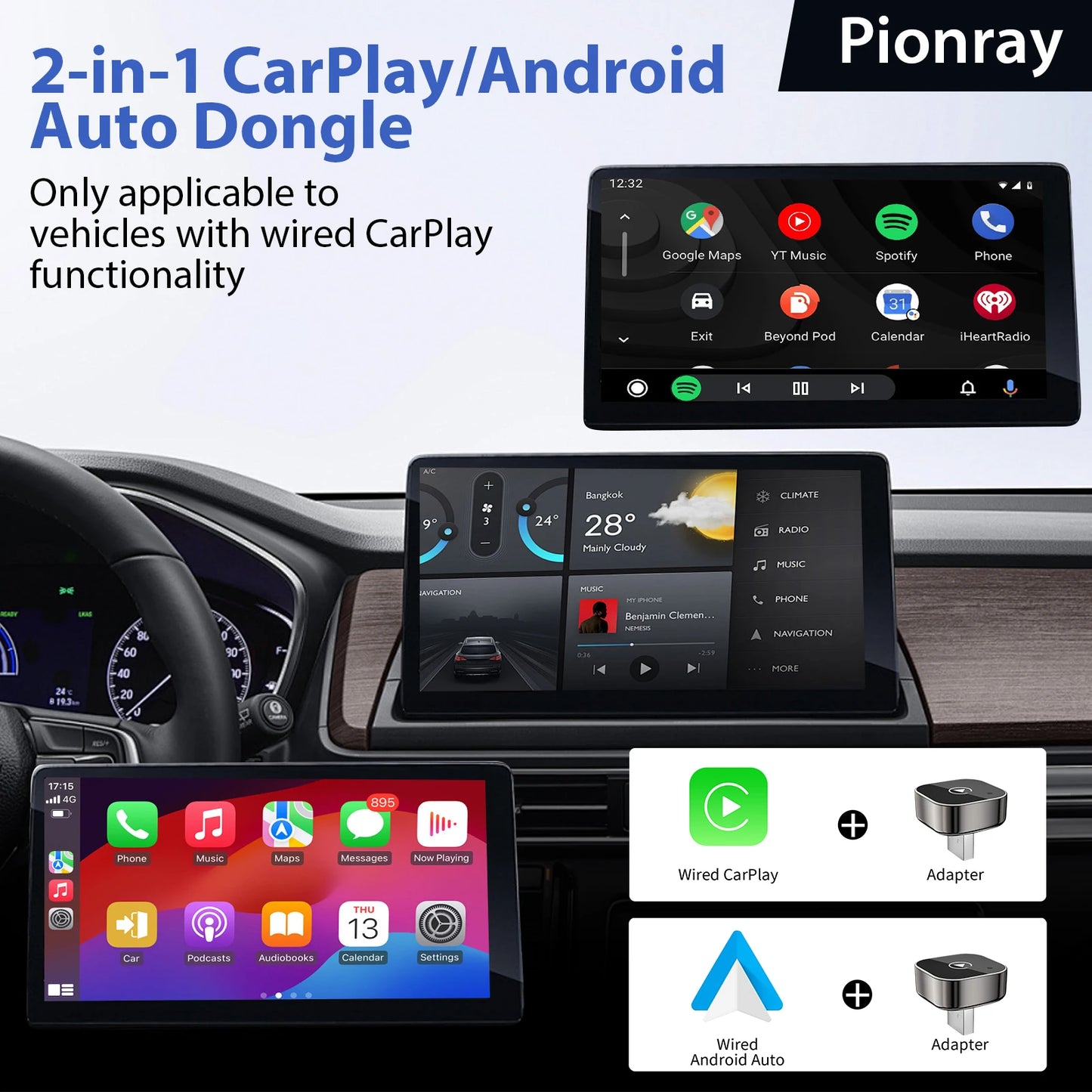 2026 Adaptador Inalámbrico CarPlay / Android Auto 2 en 1 Pionray - Conexión WiFi 5G Rápida - Plug and Play USB C