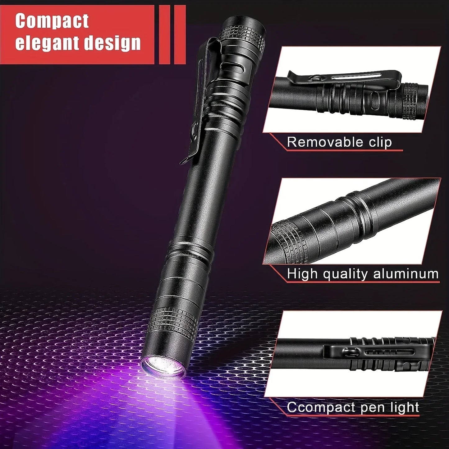 Lampe de poche UV 395nm, torche ultraviolette avec pince à stylo, piles AAA portables utilisées, lumière violette, détecteur d'urine animale et de Scorpion, lampe UV