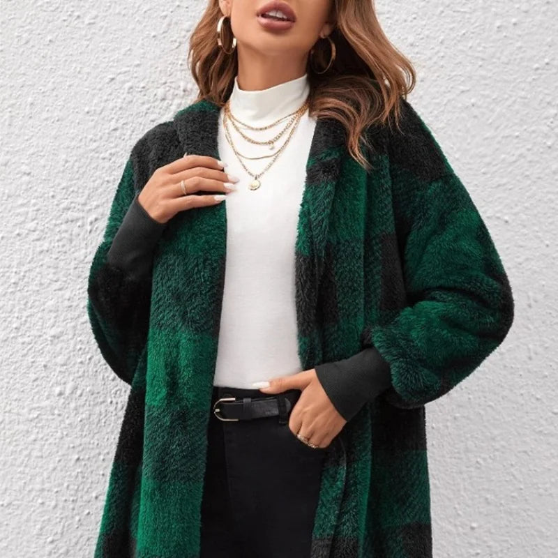 Women's Plaid Double Fleece Cardigan, Soft Loose Long Sleeve Plush Warm Hooded Jacket, Patchwork Outerwear Coat, Autumn Winter