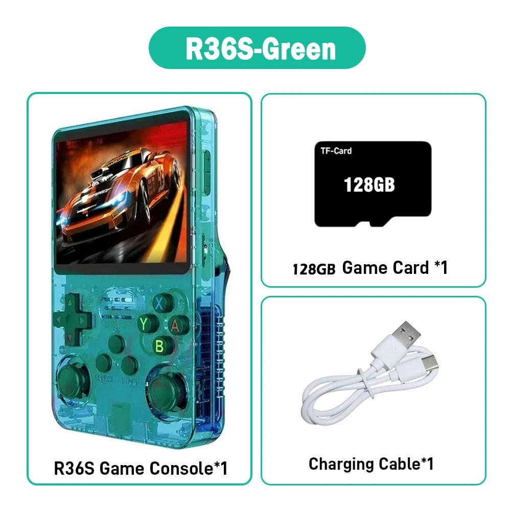 R36S ARKOS Consola de videojuegos portátil retro de 3,5 pulgadas IPS con múltiples colores disponibles, pantalla de reproductor portátil, 64GB de juegos