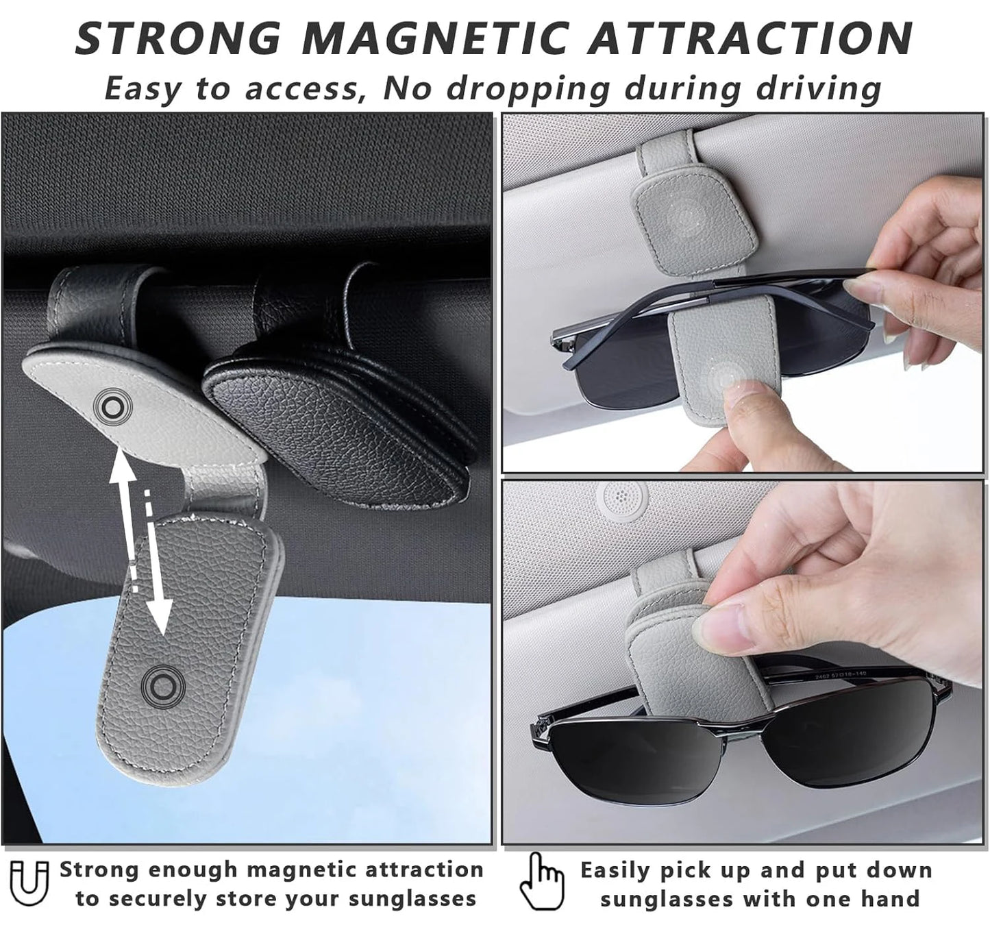 El soporte para gafas de sol se adapta a las viseras del coche, clip magnético de cuero para gafas de sol y clip para b