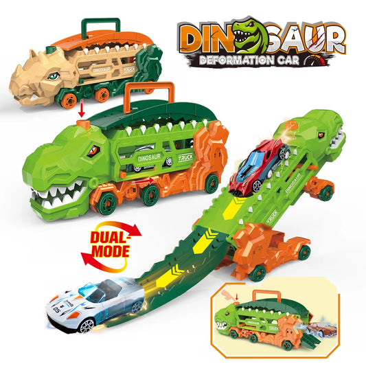 Dinosaur Transport Truck with Fold-out Race Track, Transforms into T-Rex and Standing Tricycle, Best Birthday Gift for Kids
