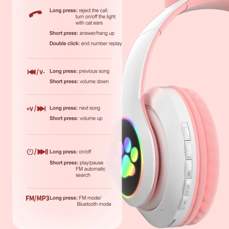 Auriculares estéreo Bluetooth 5.0 con orejas de gato y luz LED, compatibles con tarjeta TF y micrófono, inalámbricos, para niños y niñas, regalo de cumpleaños
