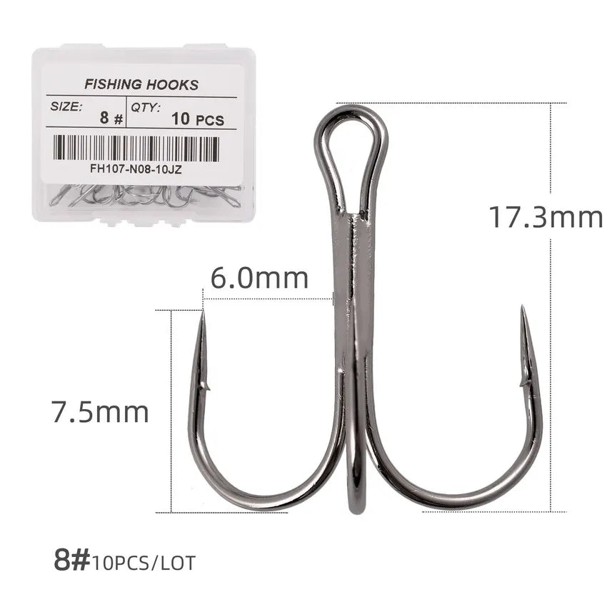 Hameçons triples de pêche aiguisés blancs, matériel de pêche au poisson, outils et accessoires, 10 pièces/boîte