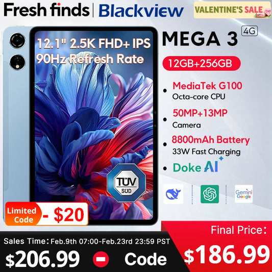 Tablette 12.1" 2.5K 90Hz — 12GB RAM, 256GB, 8800mAh, caméra 50MP, charge rapide 33W, Android 15