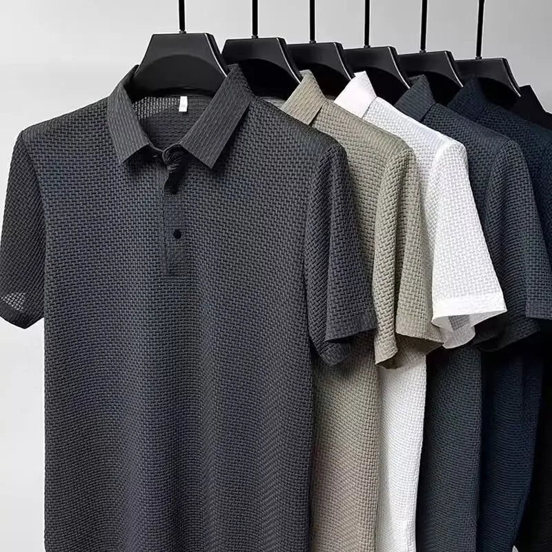 Polo Soie Glacée Homme Manches Courtes — Respirant Creux Mode Affaires Été