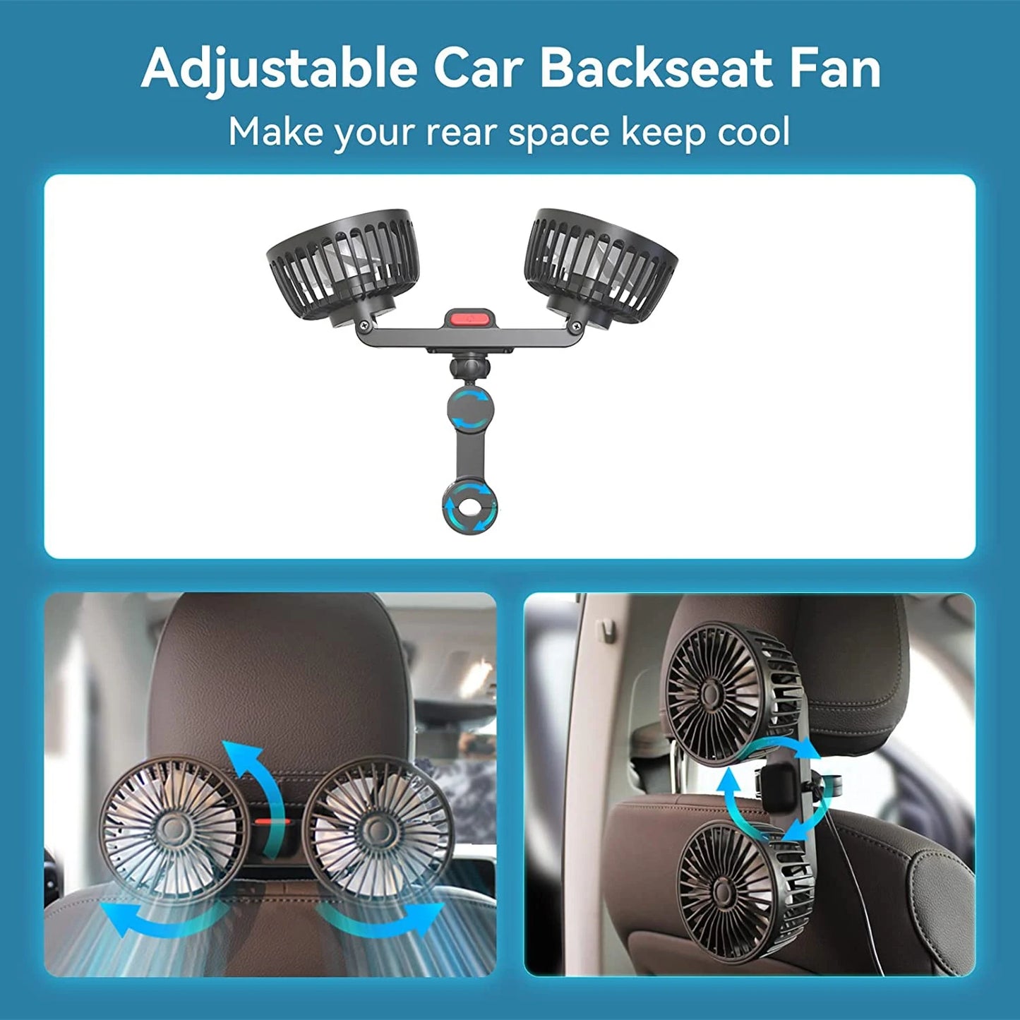 Ventilateur de voiture 360 °   Ventilateur de refroidissement arrière de siège de voiture à 3 vitesses, Charge USB, double tête, refroidisseur de cou à Rotation réglable pour accessoires de voiture et de maison