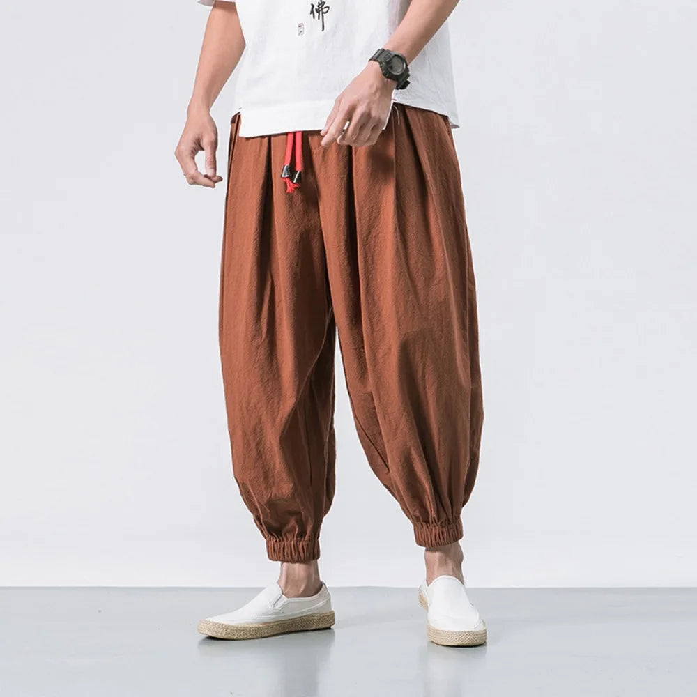 Men's Cotton Linen Harem Pants, Casual Joggers, Chinese Style, High Quality, New