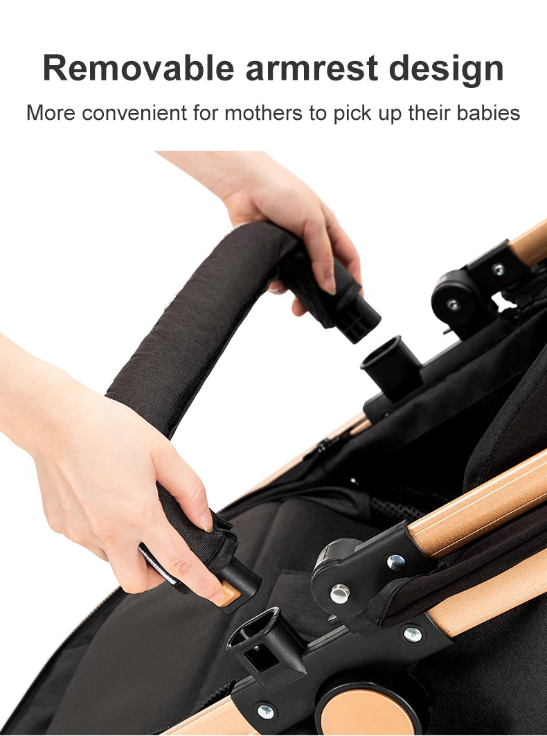 Lightweight baby stroller with aviation-grade frame, 360° swivel wheels, adjustable backrest, removable cushion, and storage basket