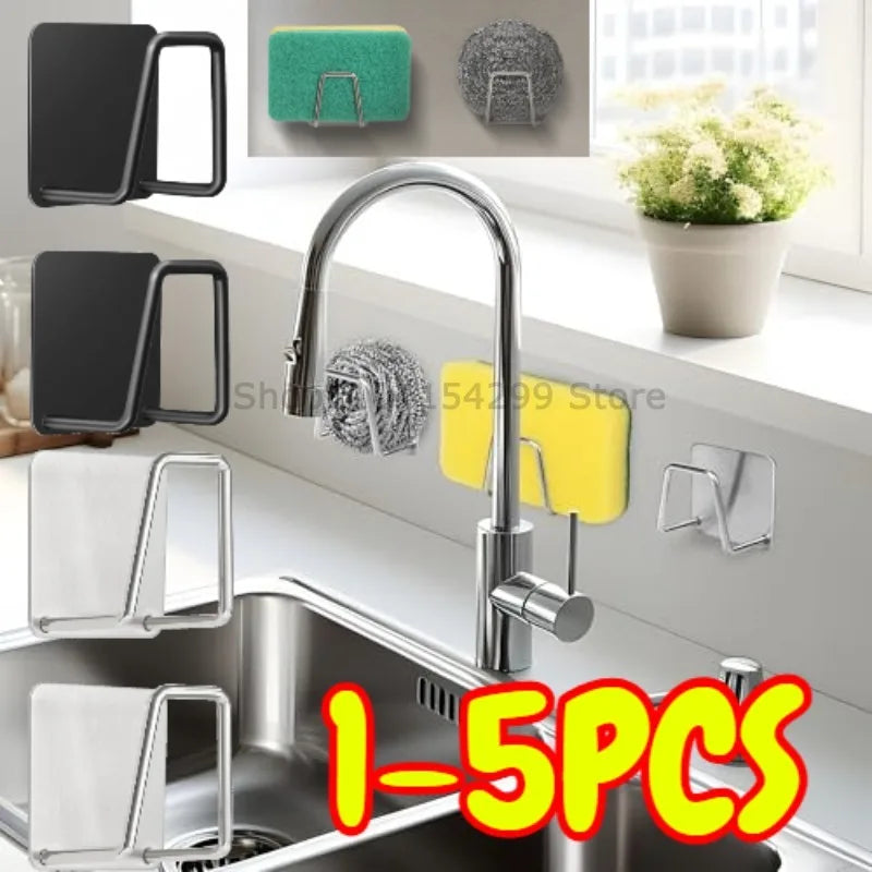 Stainless Steel Kitchen Sponge Holder, Sink Sponge Drying Rack, Self-Adhesive Storage Holder, Wall Hooks, Kitchen Organizer