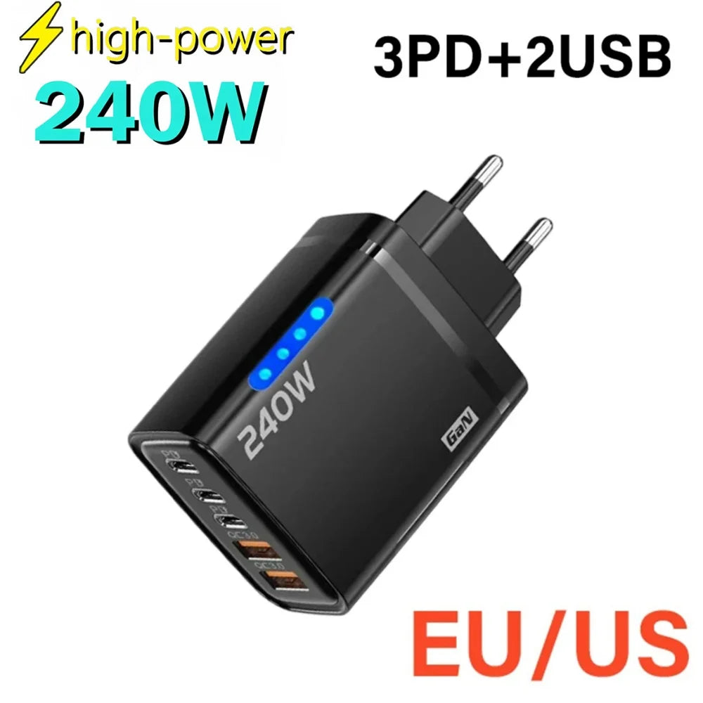 240W 5-in-1 GaN Phone Charger, 10A Fast Charging Adapter, USB to Type-C Cable, 3 PD Ports, 2 USB Ports, for iPhone 16 15 Pro, Xiaomi