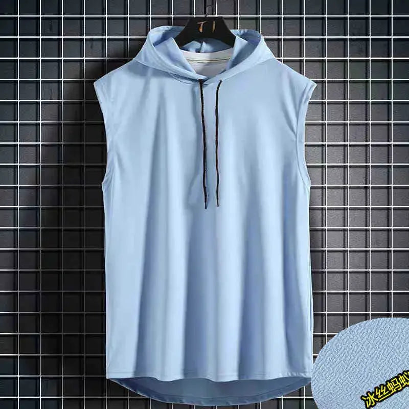 Men Tie Collar Hooded Sleeveless Vests Male Summer Loose Solid Hip Hop T-shirt Tops