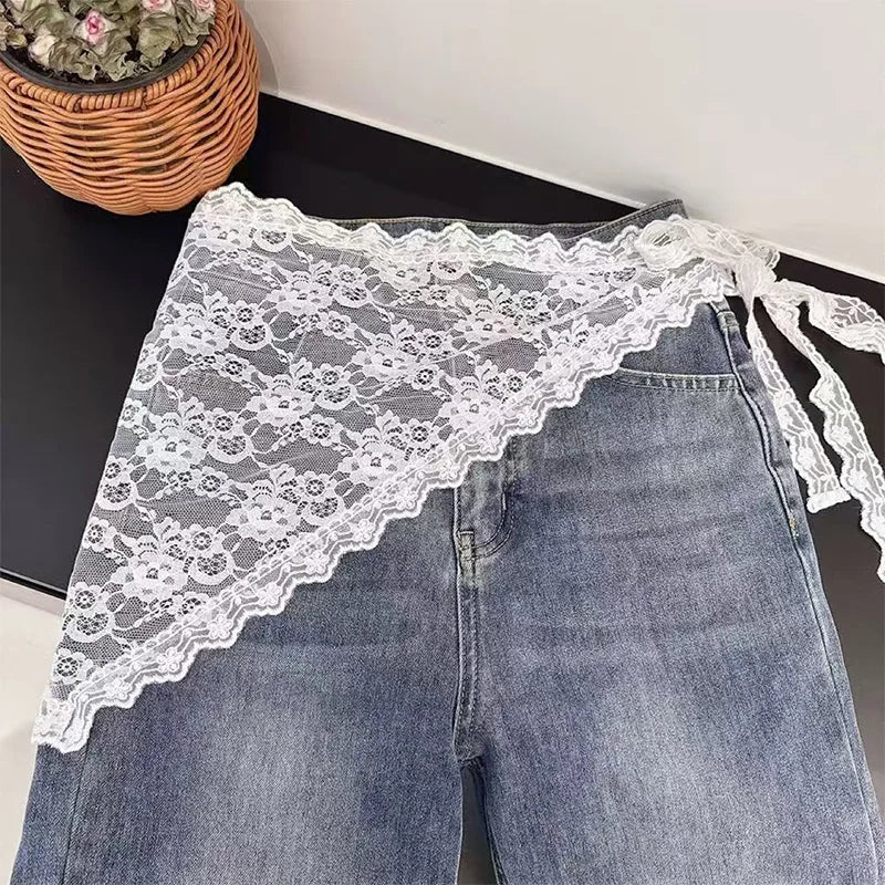 Jupe courte triangulaire 2 en 1, demi-jupe, rideau de fesses, tablier à garniture en dentelle, dentelle douce empilée, foulard de Style coréen pour femmes
