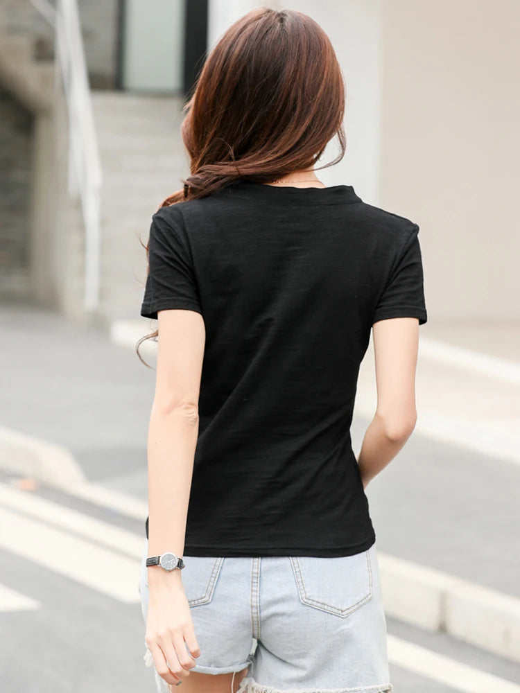 T-shirt en coton et bambou pour femme, col en V, doux, basique, classique, mode, tailles S-3XL, collection été 2026