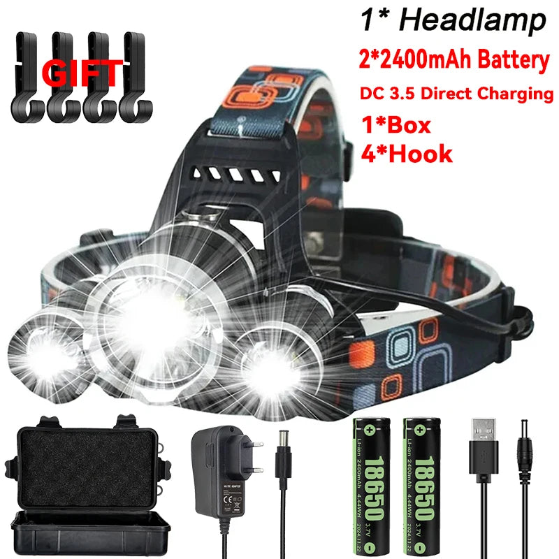 Lampe frontale rechargeable USB 2*18650, puissante lampe torche LED, lanterne étanche, lampe frontale portable pour la pêche et le camping