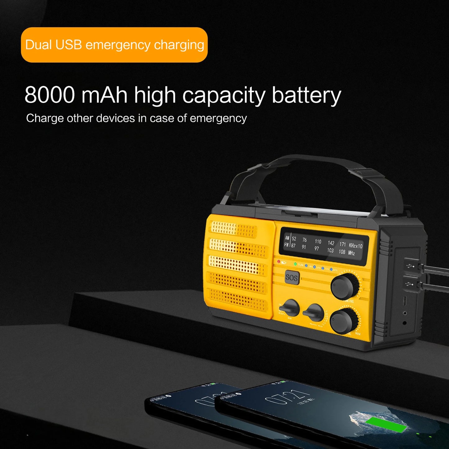 Radio météo d'urgence multifonctionnelle, FM AM WB, manivelle, charge USB solaire, batterie externe 2000mAh, lampe torche LED