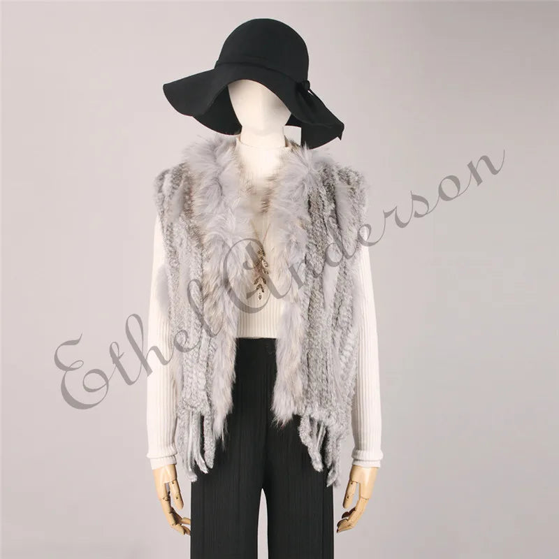 ETHEL ANDERSON – Chaleco con borlas de piel de conejo auténtica, chaleco de punto de alta calidad, vintage, de piel de mapache, ropa de abrigo