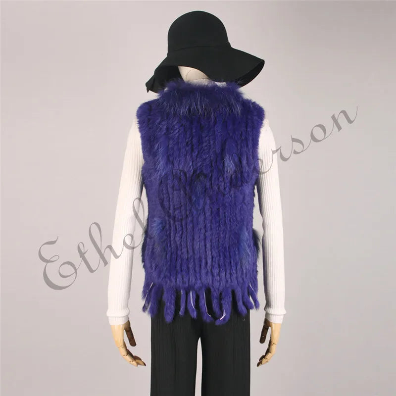 ETHEL ANDERSON – Chaleco con borlas de piel de conejo auténtica, chaleco de punto de alta calidad, vintage, de piel de mapache, ropa de abrigo