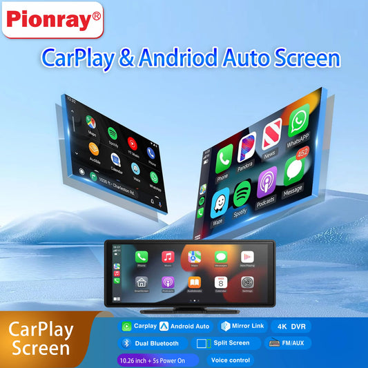 Wireless Portable Carplay Screen for Car, 10.26-inch, Carplay and Android Auto, Touch Stereo, with Dash Cam, Backup Camera
