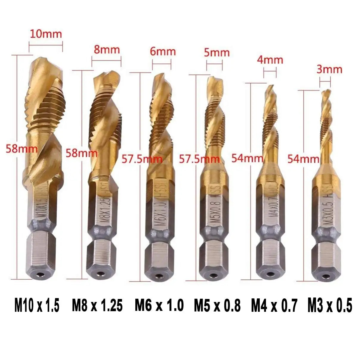 Forets tarauds plaqués titane tige hexagonale HSS — M3, M5, M6, M8, M10, outils à main