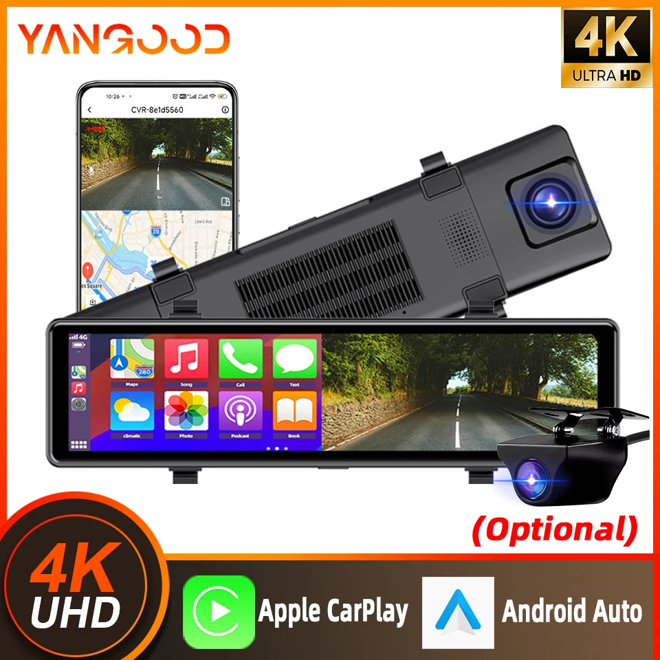Yangood 4K Mirror Dash Cam DVR Supports Wireless Carplay and Android Auto Loop Recording 24H Parking Monitoring Dashboard Camera