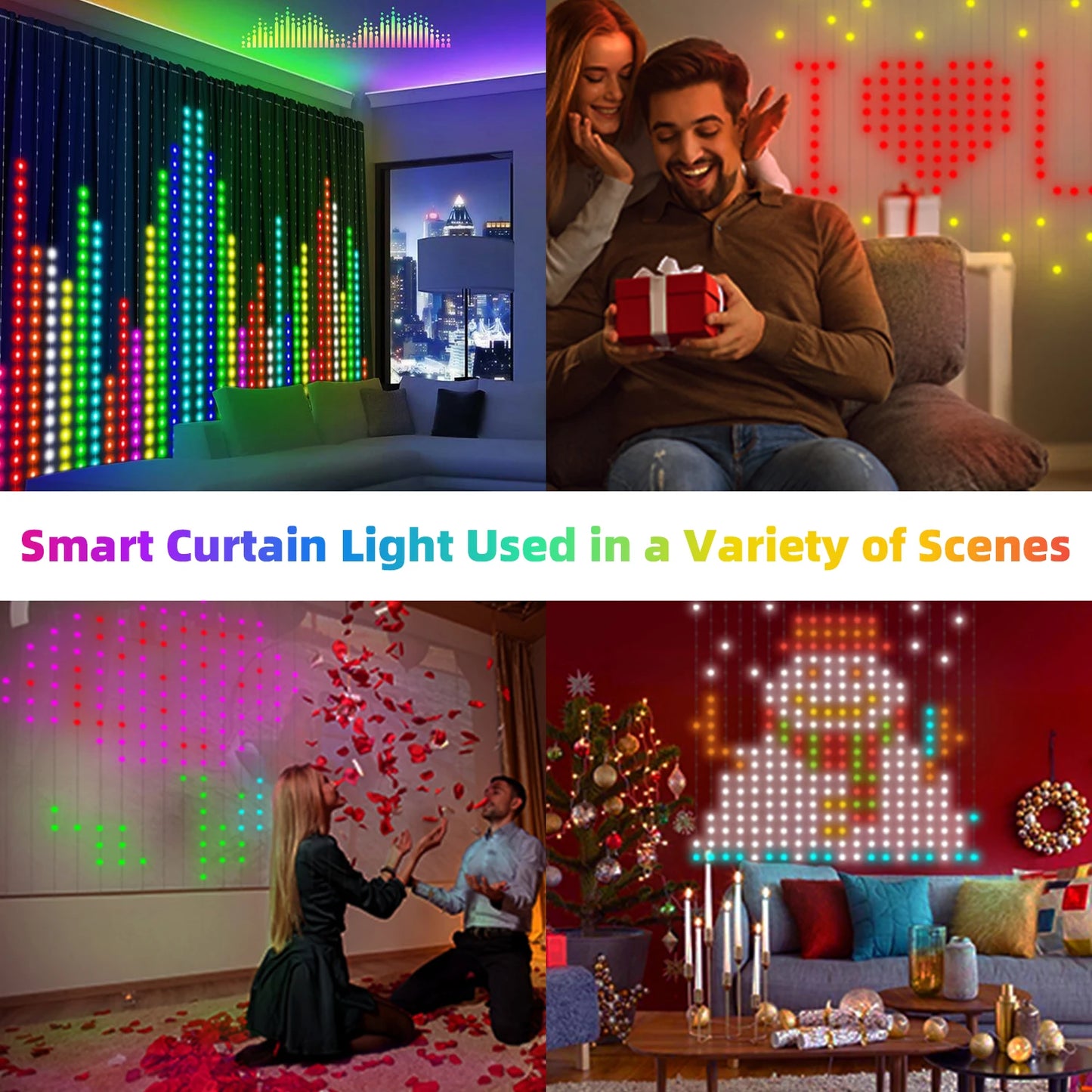 Cortina de luces LED inteligente, guirnalda de Año Nuevo, guirnalda de luces de hadas RGB, pantalla de cambio de música, para ventana, decoración navideña