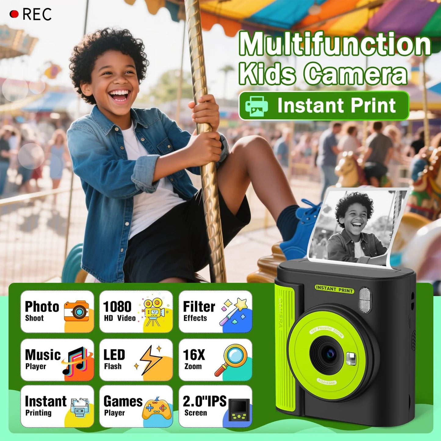 INOCTI Kids Print Camera, Digital Camera for Toddlers, Three Print Papers and 32G Card, for Girls & Boys, Christmas Birthday Gifts