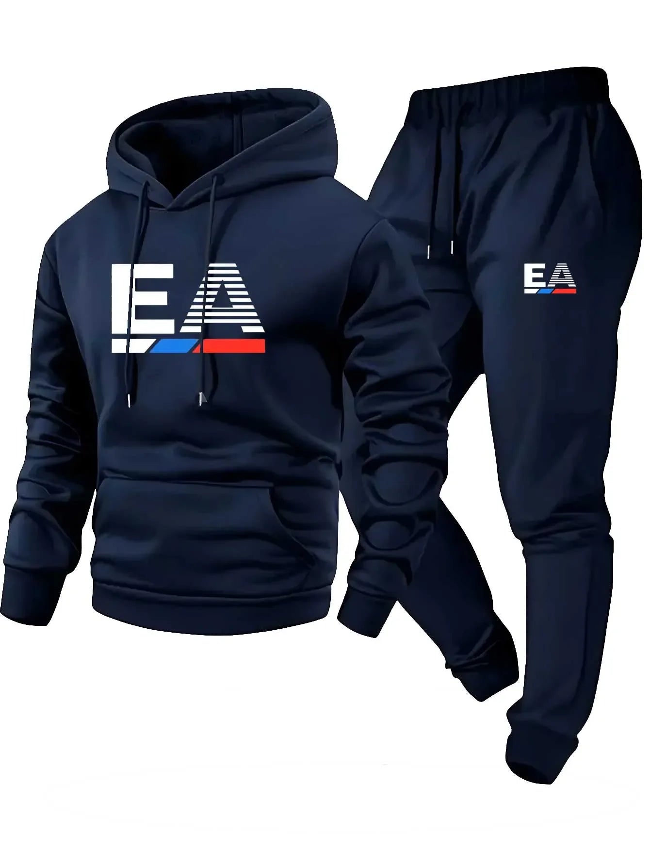 Men's two-piece sports outfit, hoodie and pants, gray black logo, regular non-stretch fit with pockets
