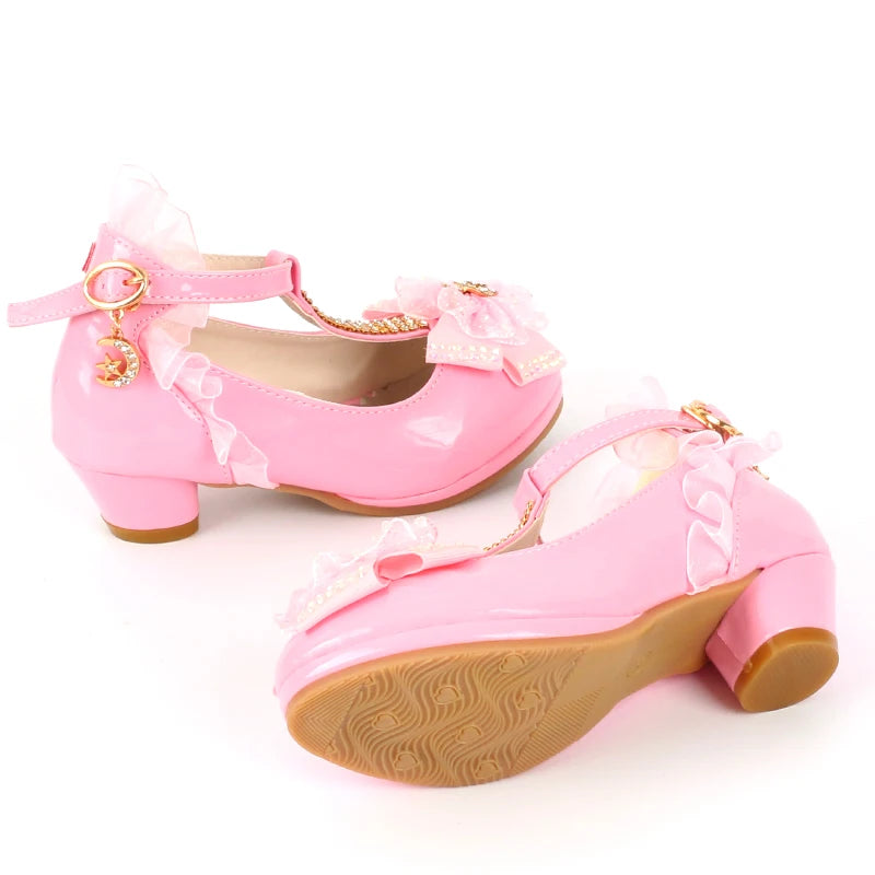 ULKNN Girls high heel sandals pink leather buckle strap children's gladiators white bow tie shoes size 26-37 soft toddler shoes